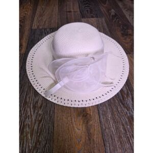 White Wide Brim Sun Hat with Organza Flower and Feathers Kentucky Derby S-M